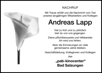 Traueranzeige von Andreas Lapp von Südthüringer Presse