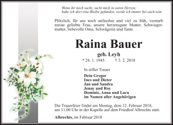 Traueranzeige von Raina Bauer von Südthüringer Presse