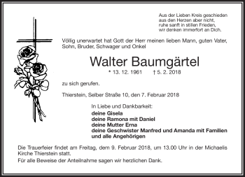 Traueranzeige von Walter Baumgärtel von Frankenpost