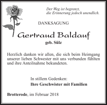 Traueranzeige von Gertraud Baldauf von Südthüringer Presse