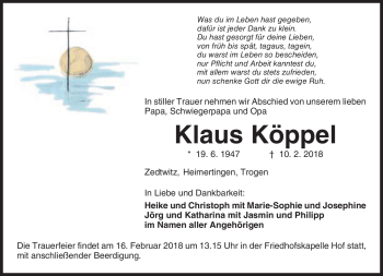 Traueranzeige von Klaus Köppel von Frankenpost