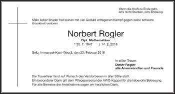 Traueranzeige von Norbert Rogler von Frankenpost