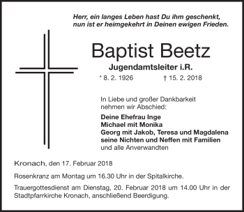 Traueranzeige von Baptist Beetz von Neue Presse Coburg