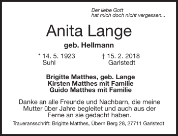 Traueranzeige von Anita Lange von Neue Presse Coburg