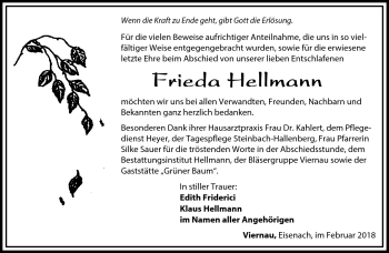 Traueranzeige von Frieda Hellmann von Südthüringer Presse