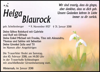 Traueranzeige von Helga Blaurock von Südthüringer Presse