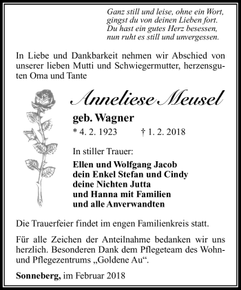 Traueranzeige von Anneliese Meusel von Südthüringer Presse