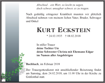 Traueranzeige von Kurt Eckstein von Südthüringer Presse