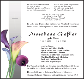 Traueranzeige von Anneliese Gießler von Südthüringer Presse
