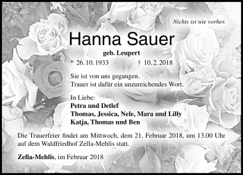 Traueranzeige von Hanna Sauer von Südthüringer Presse