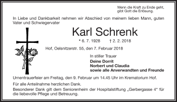 Traueranzeige von Karl Schrenk von Frankenpost