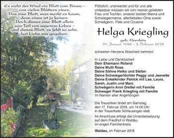 Traueranzeige von Halga Kriegling von Südthüringer Presse