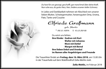 Traueranzeige von Elfriede Graßmann von Südthüringer Presse