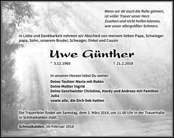 Traueranzeige von Uwe Günther von Südthüringer Presse