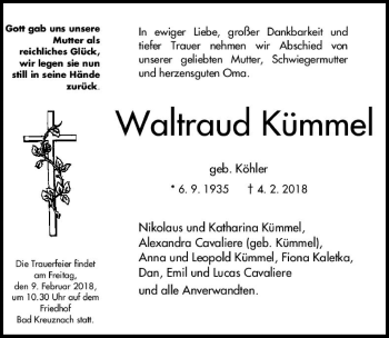 Traueranzeige von Waltraud Kümmel von Südthüringer Presse