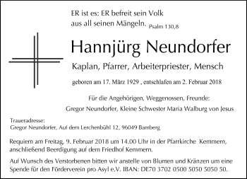 Traueranzeige von Hannjürg Neundorfer von Frankenpost
