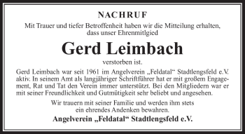 Traueranzeige von Gerd Leimbach von Südthüringer Presse
