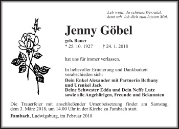 Traueranzeige von Jenny Göbel von Südthüringer Presse