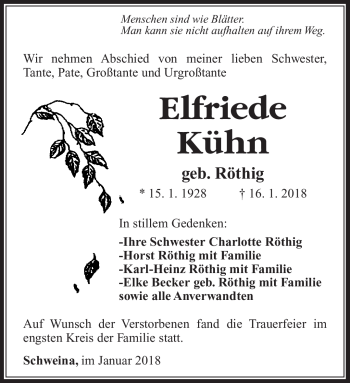 Traueranzeige von Elfriede Kühn von Südthüringer Presse