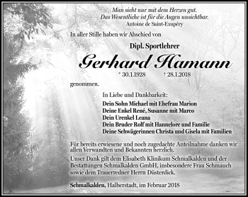 Traueranzeige von Gerhard Hamann von Südthüringer Presse