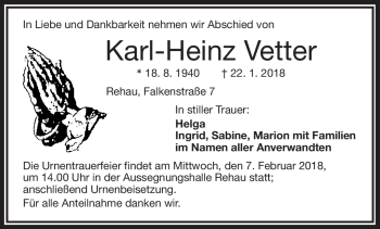 Traueranzeige von Karl-Heinz Vetter von Frankenpost