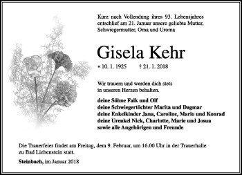 Traueranzeige von Gisela Kehr von Südthüringer Presse