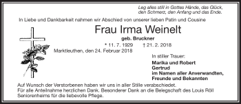 Traueranzeige von Irma Weinelt von Frankenpost
