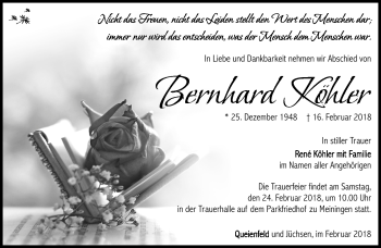 Traueranzeige von Bernhard Köhler von Südthüringer Presse