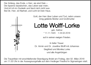 Traueranzeige von Lotte Wolff-Lorke von Frankenpost