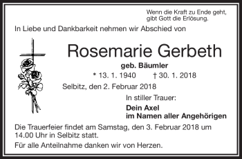 Traueranzeige von Rosemarie Gerbeth von Frankenpost