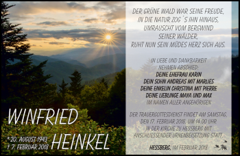 Traueranzeige von Winfried Heinkel von Südthüringer Presse