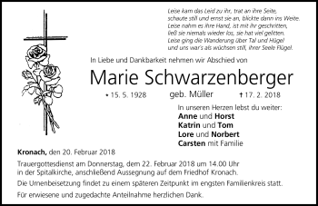 Traueranzeige von Marie Schwarzenberger von Neue Presse Coburg