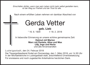 Traueranzeige von Gerda Vetter von Neue Presse Coburg