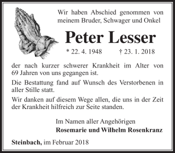 Traueranzeige von Peter Lesser von Südthüringer Presse
