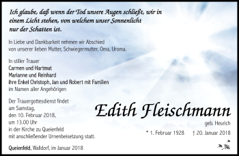 Traueranzeige von Edith Fleischmann von Südthüringer Presse