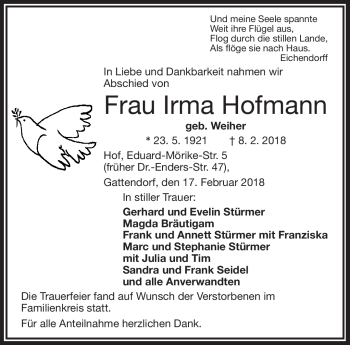 Traueranzeige von Irma Hofmann von Frankenpost
