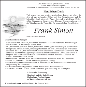 Traueranzeige von Frank Simon von Südthüringer Presse