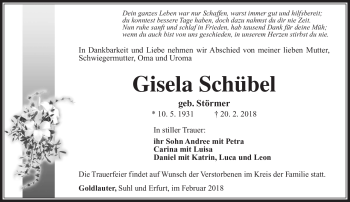 Traueranzeige von Gisela Schübel von Südthüringer Presse