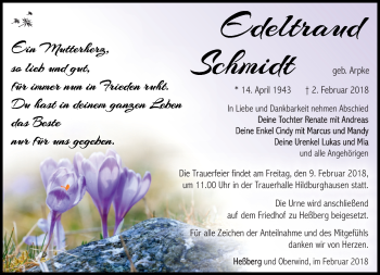 Traueranzeige von Edeltraud Schmidt von Südthüringer Presse