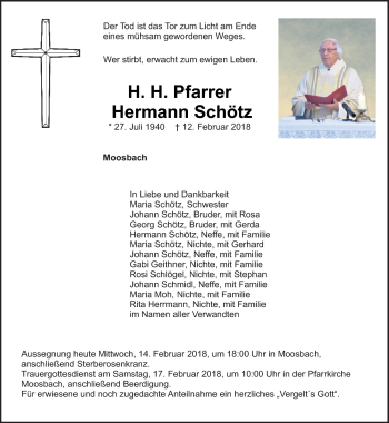 Traueranzeige von Hermann Schötz von Frankenpost