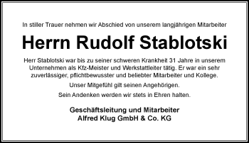 Traueranzeige von Rudolf Stablotski von Frankenpost