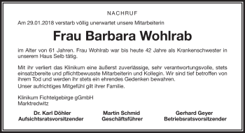 Traueranzeige von Barbara Wohlrab von Frankenpost