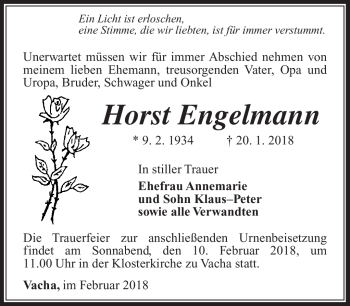 Traueranzeige von Horst Engelmann von Südthüringer Presse