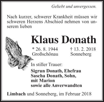 Traueranzeige von Klaus Donath von Südthüringer Presse