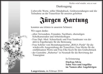 Traueranzeige von Jürgen Hartung von Südthüringer Presse