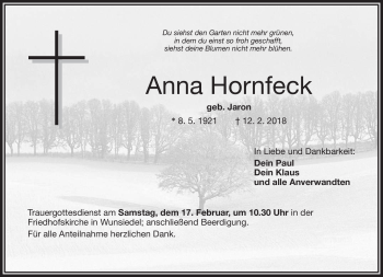 Traueranzeige von Anna Hornfeck von Frankenpost