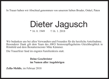Traueranzeige von Dieter Jagusch von Südthüringer Presse
