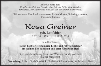 Traueranzeige von Rosa Greiner von Südthüringer Presse