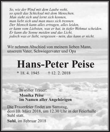 Traueranzeige von Hans-Peter Peise von Südthüringer Presse