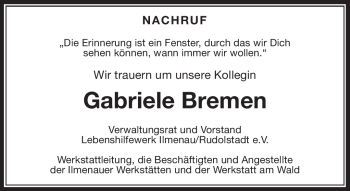 Traueranzeige von Gabriele Bremen von Südthüringer Presse